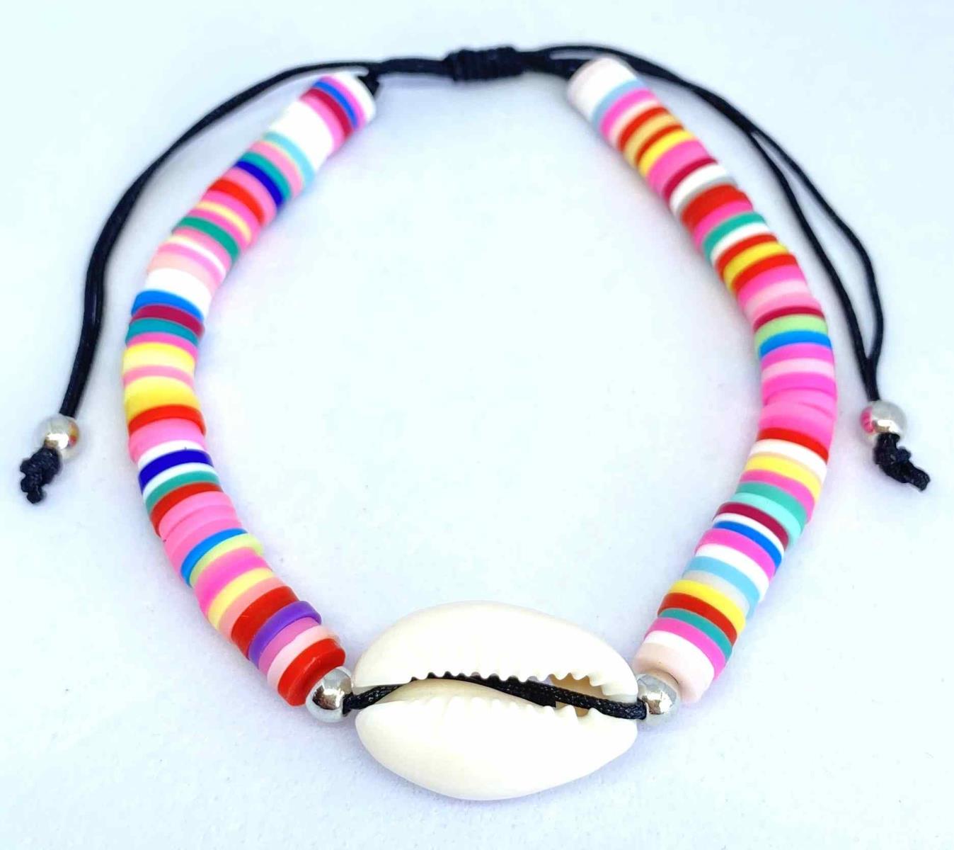 B309 Bracelet Coloured Fimo beads & Cowrie Shell